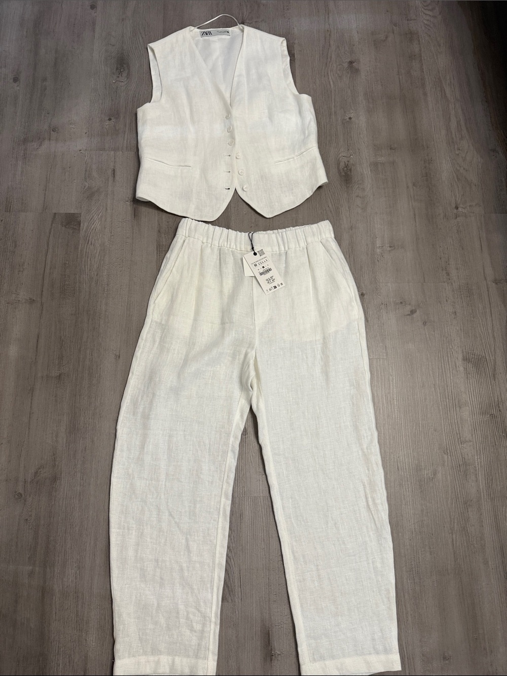 Zara  women White Elastic-Waist Linen Pants M  brand new with tags